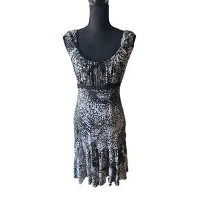 Frank Lyman Design Black & White Abstract Print Dress Ruffle Neckline
